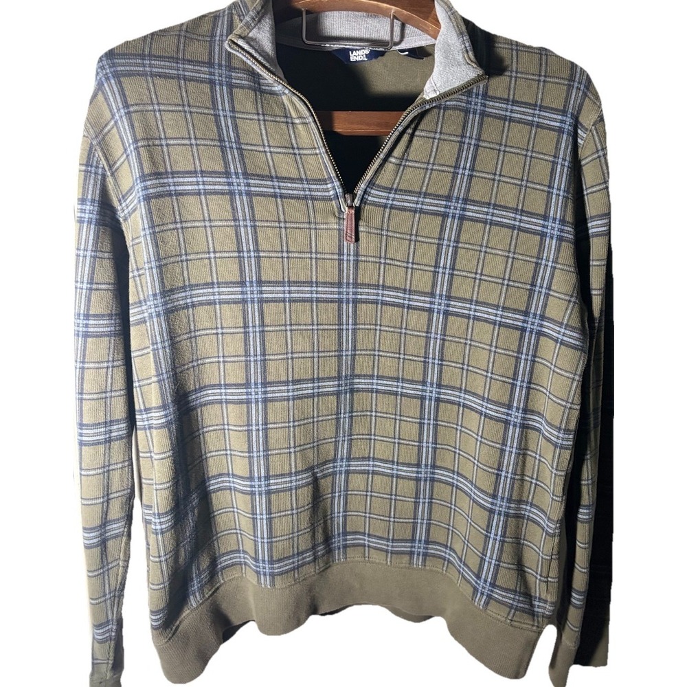 Lands' End Medium Olive Green Plaid 1/4 Zip Bedford Heavyweight Corduroy Rib - Picture 1 of 7